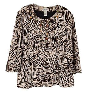 Chicos 3 Womens Jacket Size XL 16 Brown Stripped Hook Eye Closure Beaded Neck